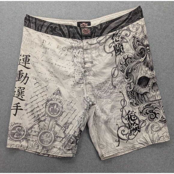 MMA Elite Shorts Mens XL White Gray Skull Graphic Kanji Print Board Fight OE4015 - Picture 1 of 14